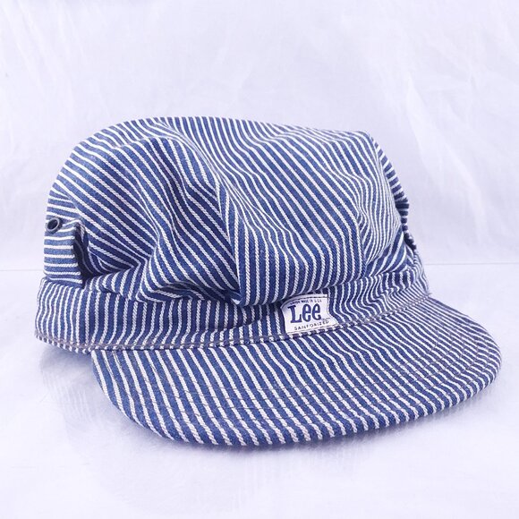 Vintage Lee Denim Conductor Hat Railroad Stripe Engineer Cap Union Made USA - Picture 1 of 12